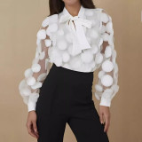 Women's Tie Chiffon Shirt Hollow Lantern Sleeves Trendy Mesh Shirt