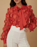 Women's Tie Chiffon Shirt Hollow Lantern Sleeves Trendy Mesh Shirt