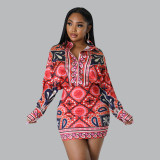 Casual Long Sleeve Printed Shirt Slim Short Skirt Sexy Two-Piece Set