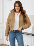 Women's Autumn Winter Short Slim Waist Cotton-Padded Coat Casual Fur Collar Hooded Jacket