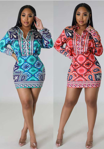 Casual Long Sleeve Printed Shirt Slim Short Skirt Sexy Two-Piece Set