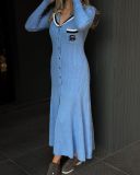 Female Long Sleeve Turndown Collar Slim Fit Chic Long Dress