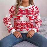 Autumn Winter Christmas Deer Pattern Long Sleeve Pullover Sweater Women's Clothing