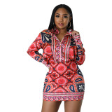 Casual Long Sleeve Printed Shirt Slim Short Skirt Sexy Two-Piece Set