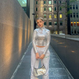 Women Fall Solid Round Neck Shiny Long Sleeve Crop Top