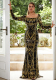 Women long-sleeved square neck sexy sequin Formal Party Maxi evening dress