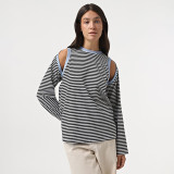 Women autumn Casual stripe Round Neck off-shoulder long-sleeved contrast color loose Top