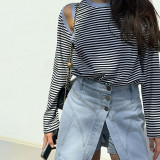 Women autumn Casual stripe Round Neck off-shoulder long-sleeved contrast color loose Top