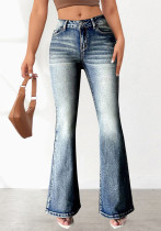 Women Denim Pant Stretch Pocket Embroidery Retro Bell Bottom Denim Pant