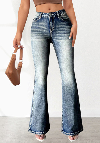 Women Denim Pant Stretch Pocket Embroidery Retro Bell Bottom Denim Pant