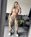 Women autumn branch print loose straight Casual Cargo Pants