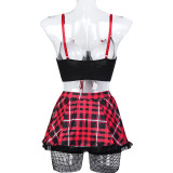 Women contrast color sexy uniform bow red plaid ribbon cross sexy lingerie Set