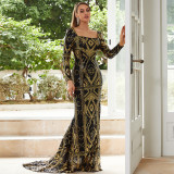 Women long-sleeved square neck sexy sequin Formal Party Maxi evening dress
