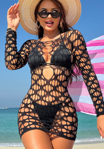 Women Fishnet Stockings Sleeve Hollow Mesh Dress Sexy Lingerie
