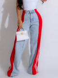 Summer Fashion Patchwork Three Stripes Wide Leg Denim Pants Women's Casual High Waist Stretch Straight Jeans