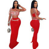 Women Suspender Beaded Top with Bodycon Skirt