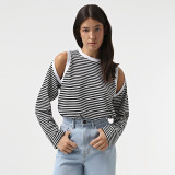 Women autumn Casual stripe Round Neck off-shoulder long-sleeved contrast color loose Top