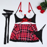 Women contrast color sexy uniform bow red plaid ribbon cross sexy lingerie Set