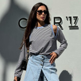 Women autumn Casual stripe Round Neck off-shoulder long-sleeved contrast color loose Top