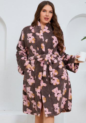 Plus Size Women long-sleeved bear printed flannel nightgown