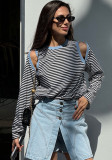 Women autumn Casual stripe Round Neck off-shoulder long-sleeved contrast color loose Top