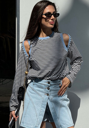 Women autumn Casual stripe Round Neck off-shoulder long-sleeved contrast color loose Top