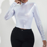 Women Fall Solid Round Neck Shiny Long Sleeve Crop Top
