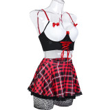 Women contrast color sexy uniform bow red plaid ribbon cross sexy lingerie Set