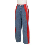 Summer Fashion Patchwork Three Stripes Wide Leg Denim Pants Women's Casual High Waist Stretch Straight Jeans