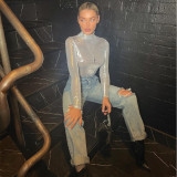 Women Fall Solid Round Neck Shiny Long Sleeve Crop Top