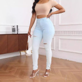 Women Fall Stretch Blue and White Gradient Ripped Denim Pant