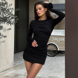 Women Fall Round Neck pleated long-sleeved dress