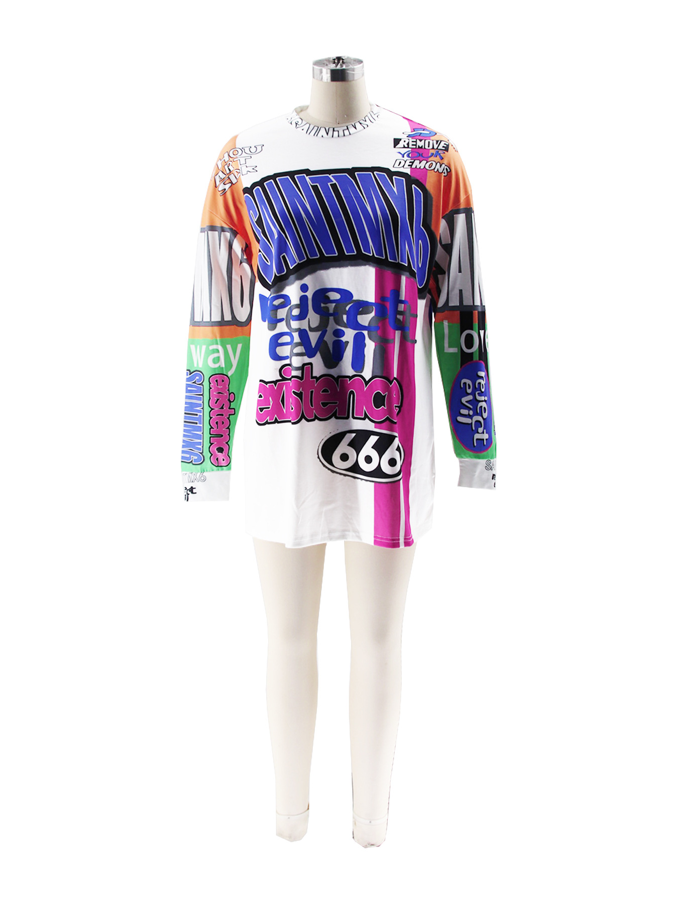 Contrast Patchwork Graffiti Letter Long-Sleeve T-Shirt Dress