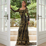 Women long-sleeved square neck sexy sequin Formal Party Maxi evening dress