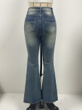 Women Denim Pant Stretch Pocket Embroidery Retro Bell Bottom Denim Pant