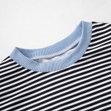 Women autumn Casual stripe Round Neck off-shoulder long-sleeved contrast color loose Top