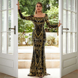 Women long-sleeved square neck sexy sequin Formal Party Maxi evening dress