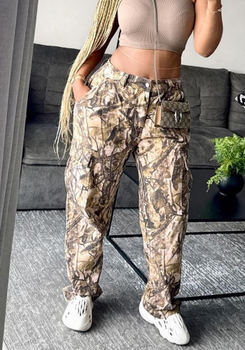 Women autumn branch print loose straight Casual Cargo Pants
