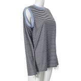 Women autumn Casual stripe Round Neck off-shoulder long-sleeved contrast color loose Top