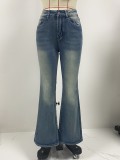 Women Denim Pant Stretch Pocket Embroidery Retro Bell Bottom Denim Pant