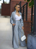 Women Autumn Striped Zipper Casual Top and Pant Set