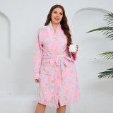 Plus Size Women sweet printed long-sleeved flannel nightgown