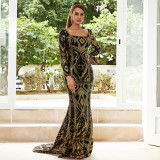 Women long-sleeved square neck sexy sequin Formal Party Maxi evening dress