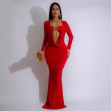 Women V-neck draped pleated long-sleeved sexy Bodycon Dress