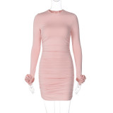 Women Fall Round Neck pleated long-sleeved dress