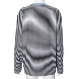 Women autumn Casual stripe Round Neck off-shoulder long-sleeved contrast color loose Top