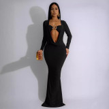 Women V-neck draped pleated long-sleeved sexy Bodycon Dress