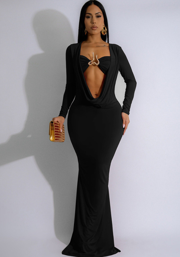 Women V-neck draped pleated long-sleeved sexy Bodycon Dress