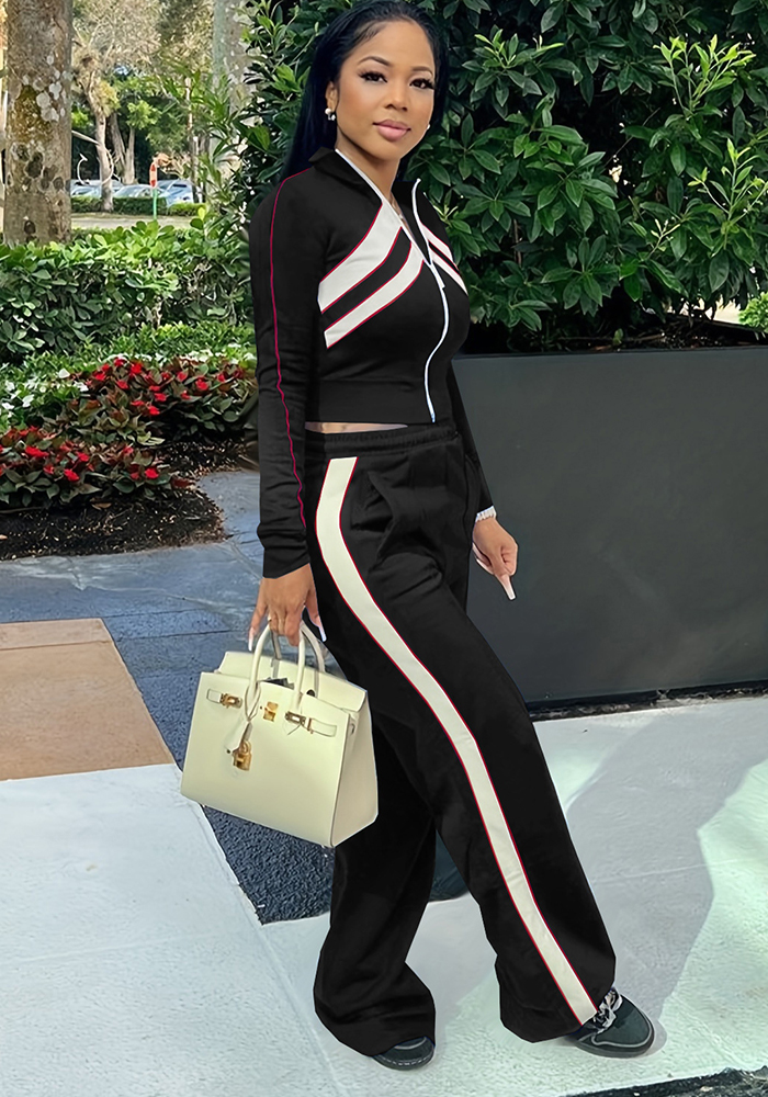 Women Style Street Zipper Contrast Patchwork Top and Pant Set