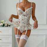 Women socks with floral lace Patchwork suspenders Lace-Up with steel ring sexy lingerie Three-Piece